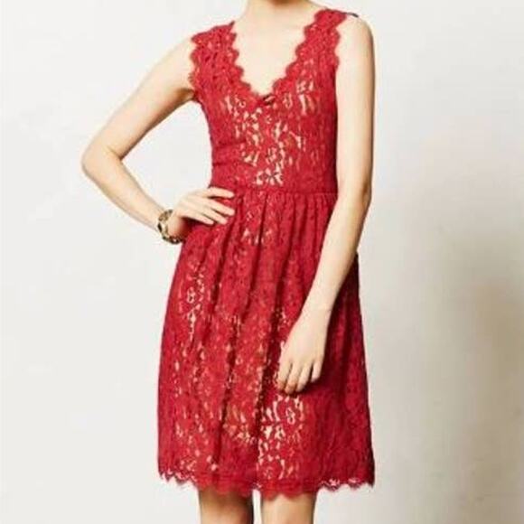 Anthropology Greylin Red Sleeveless V Neck Lace Dress L - Picture 10 of 10